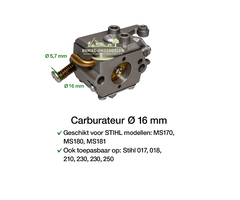 Stihl Carburateur Ø16 mm Premium uitvoering voor Stihl MS170, MS180, MS181, 017, 018, 210, 230, 250 kettingzagen, motoronderdeel