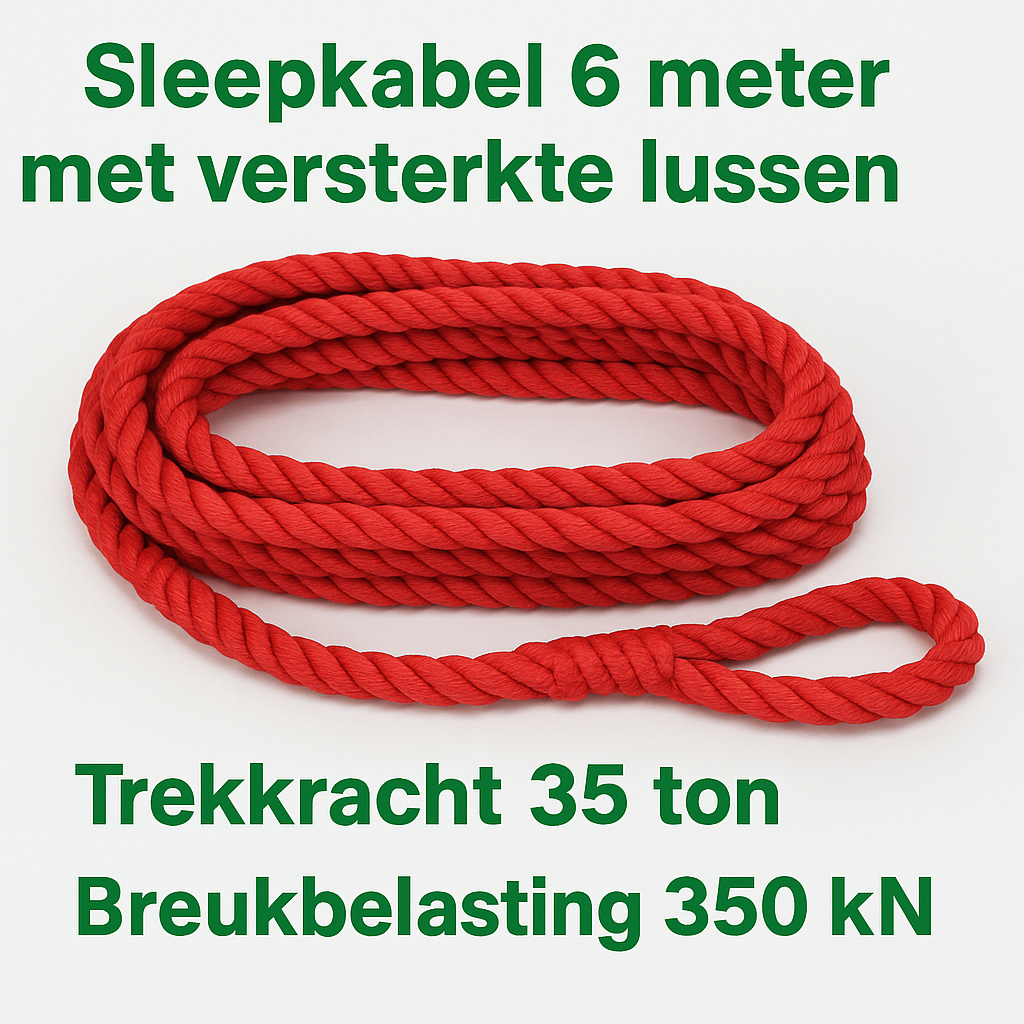 Sleepkabel rood 6 meter, onderdeel met versterkte lussen en gedraaide uitvoering, breukbelasting 350 kN, geschikt voor vrachtwagens, bouwmachines en landbouwvoertuigen