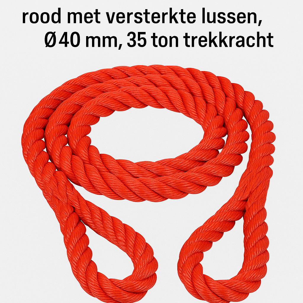 Sleepkabel rood 10 meter, onderdeel met versterkte lussen en gedraaide uitvoering, Ø 40 mm, breukbelasting 350 kN, geschikt voor vrachtwagens, landbouw- en bouwmachines