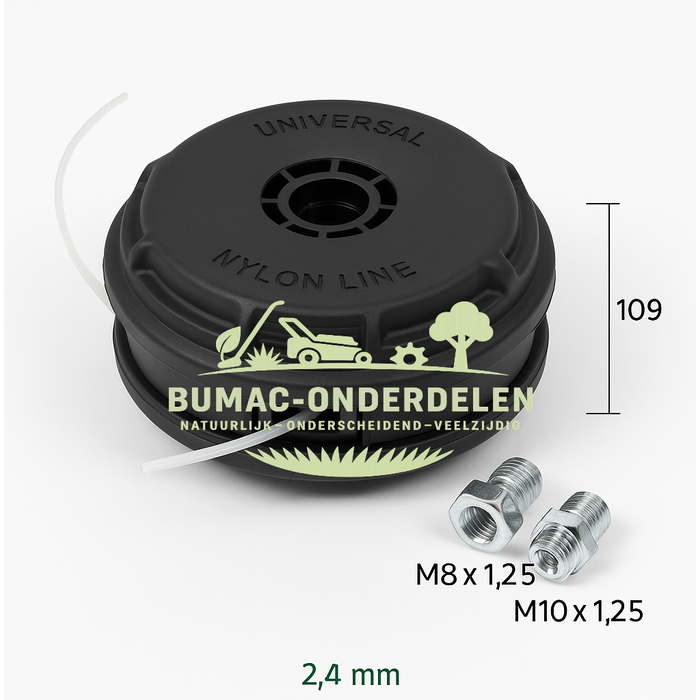 Universele Tap-N-Go Maaikop 109 mm Nylon, Inclusief Adapters M8 × 1,25 en M10 × 1,25, Vervangend Onderdeel voor ECHO & Shindaiwa Bosmaaiers en Trimmers