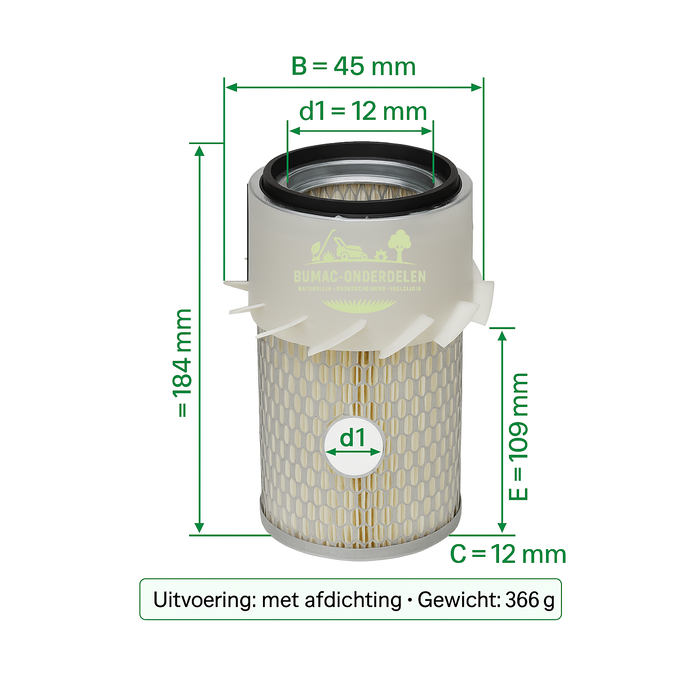 Premium luchtfilter motoronderdeel met afdichting, geschikt voor Kubota B1500 – B1600 – B4200 – B4200D – B6001 – B7000 – B7001 – B7100, F2000 – F2100 – F2400, L175 – L185 – L225 – L245 – L2000 – L2350, en toepasbaar op Iseki TX2140F – TX2140T – TX2160F –