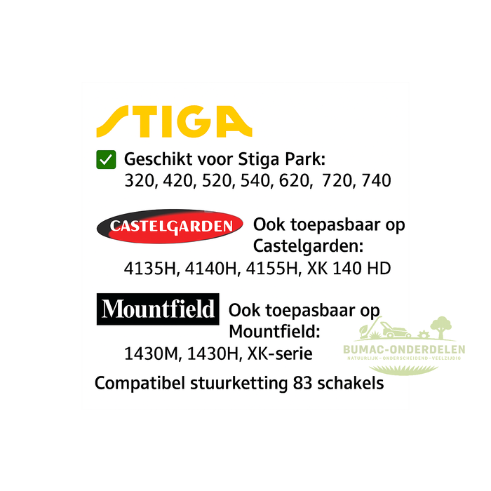 Stuurketting 83 schakels – ketting stuurinrichting / besturingsketting voor Stiga Park 320, 420, 520, 540, 620, 720, 740, Park Compact en Castelgarden 4135H, 4140H, 4155H, XK 140 HD; geschikt voor Mountfield frontmaaiers, zitmaaier stuuronderdeel