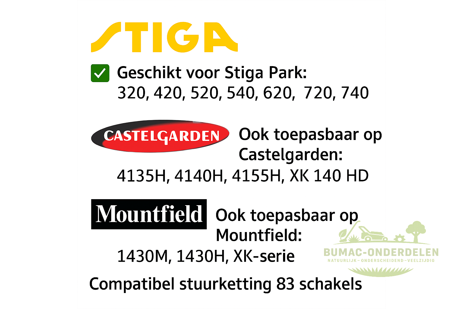 Stuurketting 83 schakels – ketting stuurinrichting / besturingsketting voor Stiga Park 320, 420, 520, 540, 620, 720, 740, Park Compact en Castelgarden 4135H, 4140H, 4155H, XK 140 HD; geschikt voor Mountfield frontmaaiers, zitmaaier stuuronderdeel