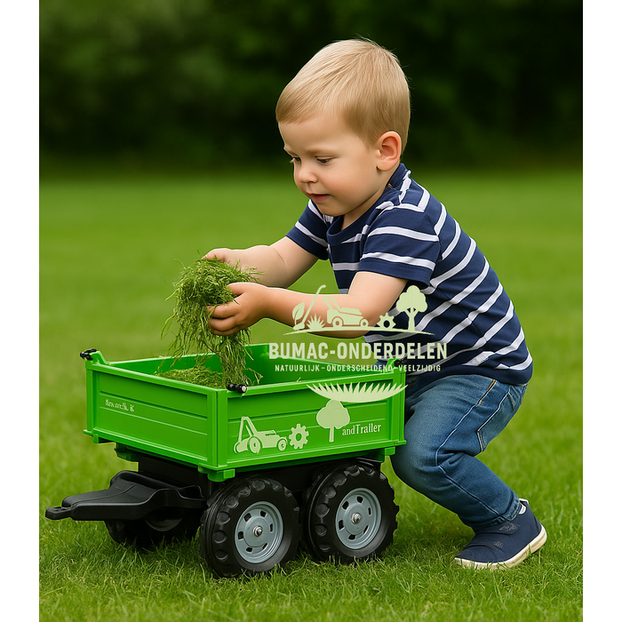 Rolly Toys rollyMega Trailer speelgoedaanhanger met driezijdige kiepfunctie, tandemas en stevige laadbak in Deutz groen, geschikt voor Rolly Toys traptractors, onderdeel