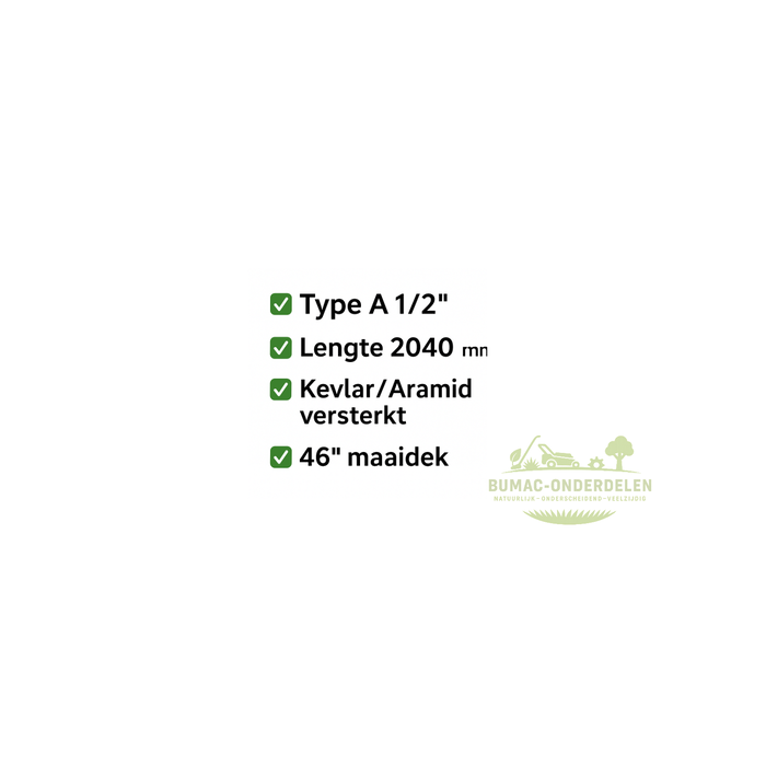 V-snaar Murray zitmaaiers series 46200, 46300, 46400 & Noma 46" maaidek, Type A 1/2" x 2040 mm Kevlar/Aramid versterkt, motor–mes aandrijving rechts, onderdeel
