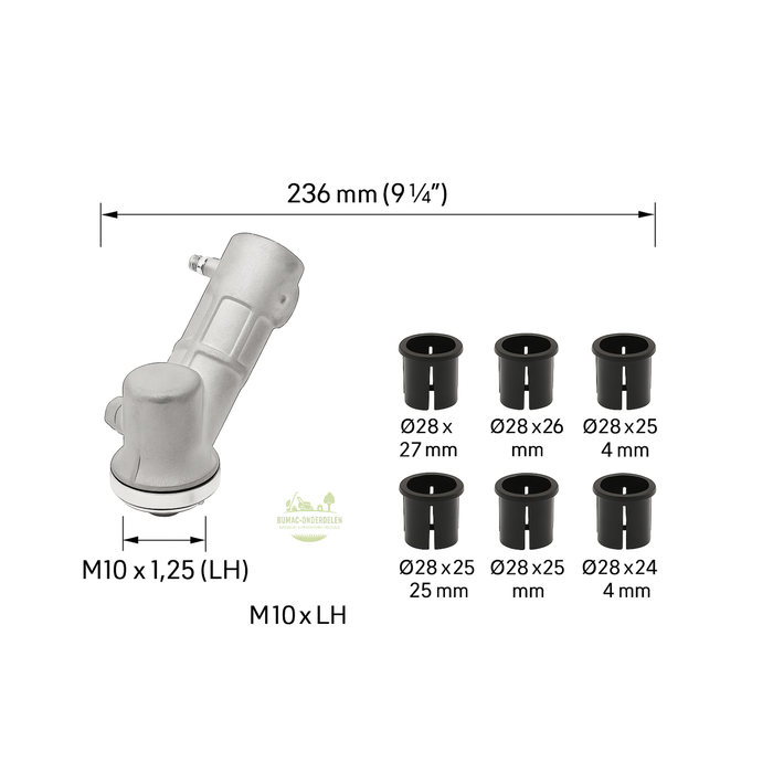 Universele haakse overbrenging voor bosmaaiers, Ø26–28 mm met 5 verloopbussen, 9-tands aandrijfas, M10×1,25 linkse draad, mesopname Ø25,4 mm, geschikt voor Stihl, Husqvarna, Kaaz, Stiga, Honda, Echo, Shindaiwa, Partner – compleet onderdeel