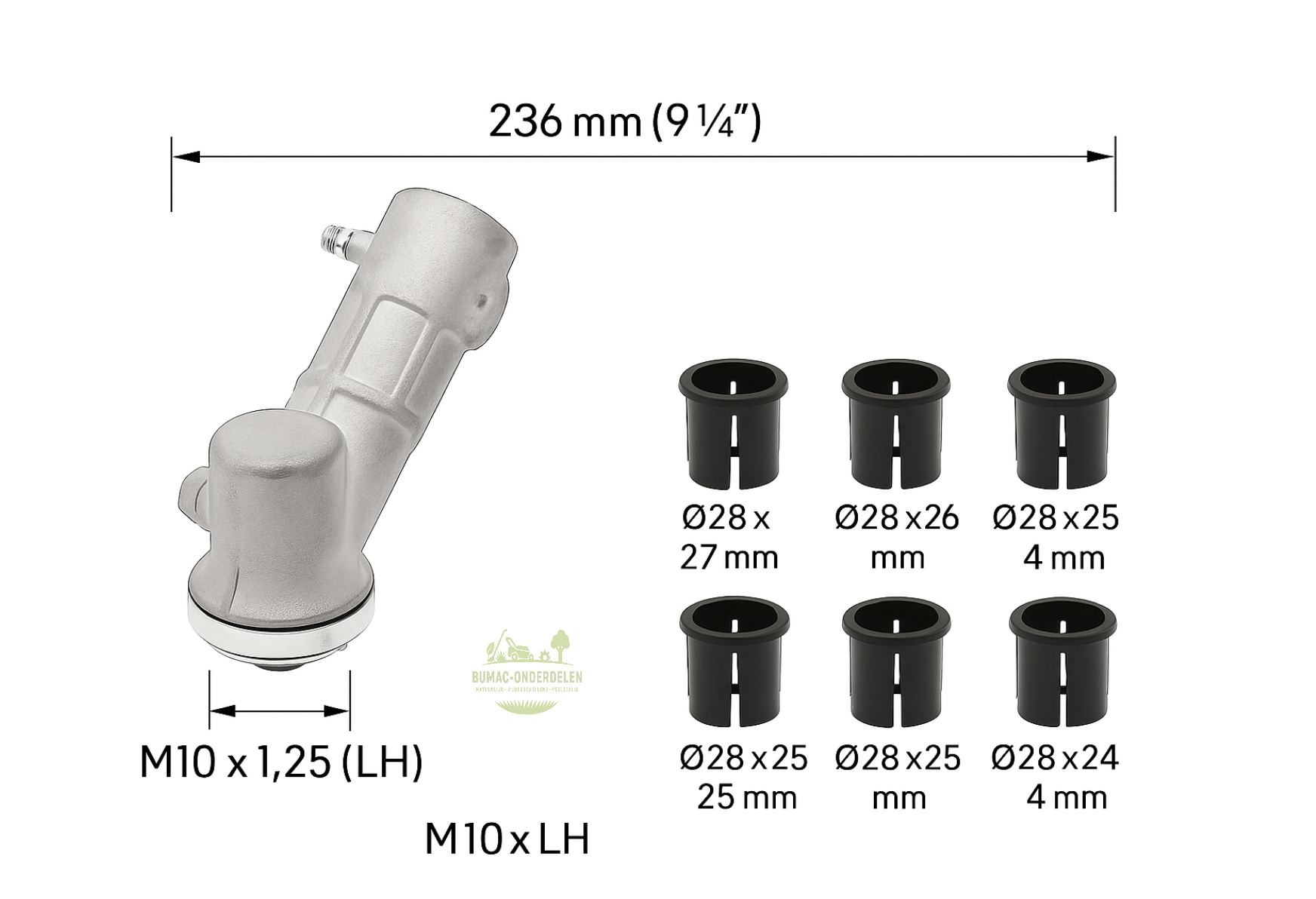 Universele haakse overbrenging voor bosmaaiers, Ø26–28 mm met 5 verloopbussen, 9-tands aandrijfas, M10×1,25 linkse draad, mesopname Ø25,4 mm, geschikt voor Stihl, Husqvarna, Kaaz, Stiga, Honda, Echo, Shindaiwa, Partner – compleet onderdeel