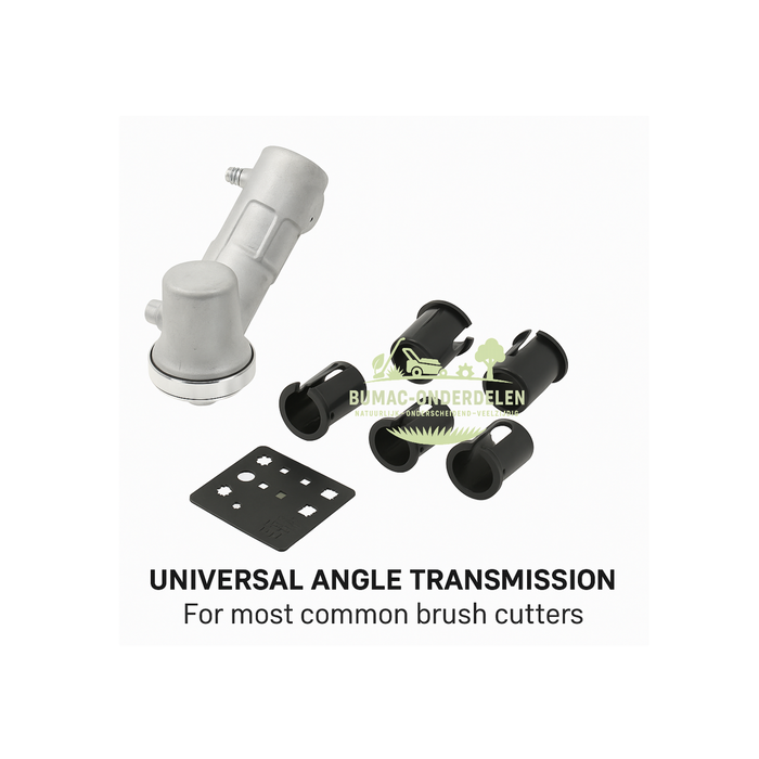 Universele haakse overbrenging voor bosmaaiers, Ø26–28 mm met 5 verloopbussen, 9-tands aandrijfas, M10×1,25 linkse draad, mesopname Ø25,4 mm, geschikt voor Stihl, Husqvarna, Kaaz, Stiga, Honda, Echo, Shindaiwa, Partner – compleet onderdeel