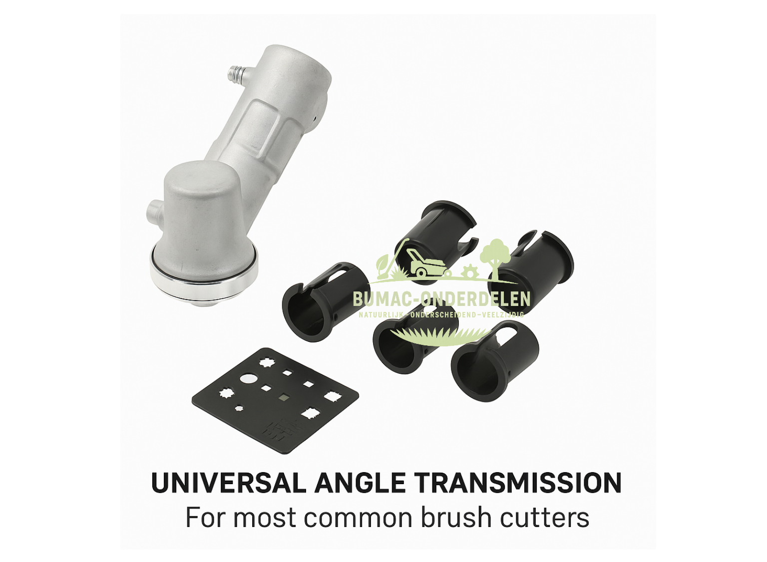 Universele haakse overbrenging voor bosmaaiers, Ø26–28 mm met 5 verloopbussen, 9-tands aandrijfas, M10×1,25 linkse draad, mesopname Ø25,4 mm, geschikt voor Stihl, Husqvarna, Kaaz, Stiga, Honda, Echo, Shindaiwa, Partner – compleet onderdeel