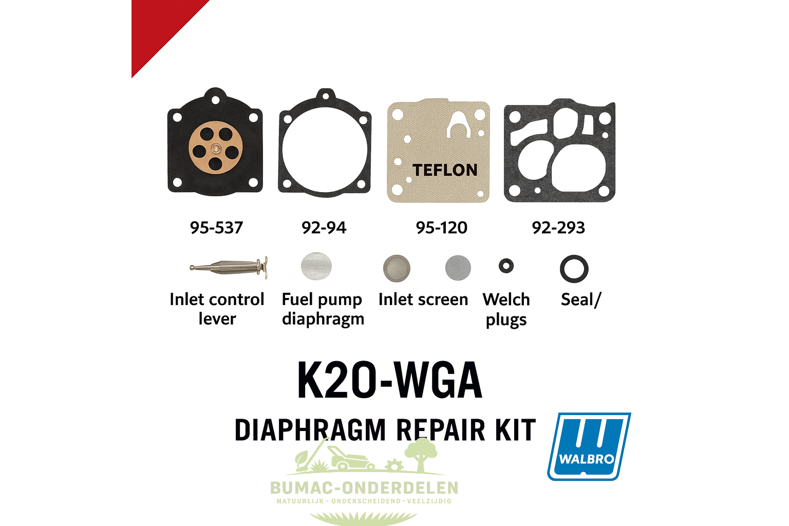 Walbro K20-WGA membraanreparatieset voor carburateur WG-serie, inclusief membranen, pakkingen, naald en veer, geschikt voor kettingzaag, bosmaaier en bladblazer, onderdeel