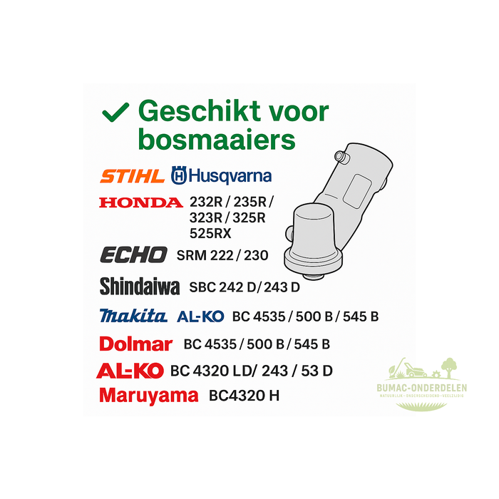 Universele Haakse aandrijfkop voor bosmaaiers, Aansluiting M10x1,25 LH, Schacht Ø26 mm, 9 tanden, Profiel C, Opname Ø25,4 mm, Onderdeel voor Stihl, Husqvarna, Echo, Honda, Kaaz, Dolmar, Makita, Shindaiwa, AL-KO, Maruyama
