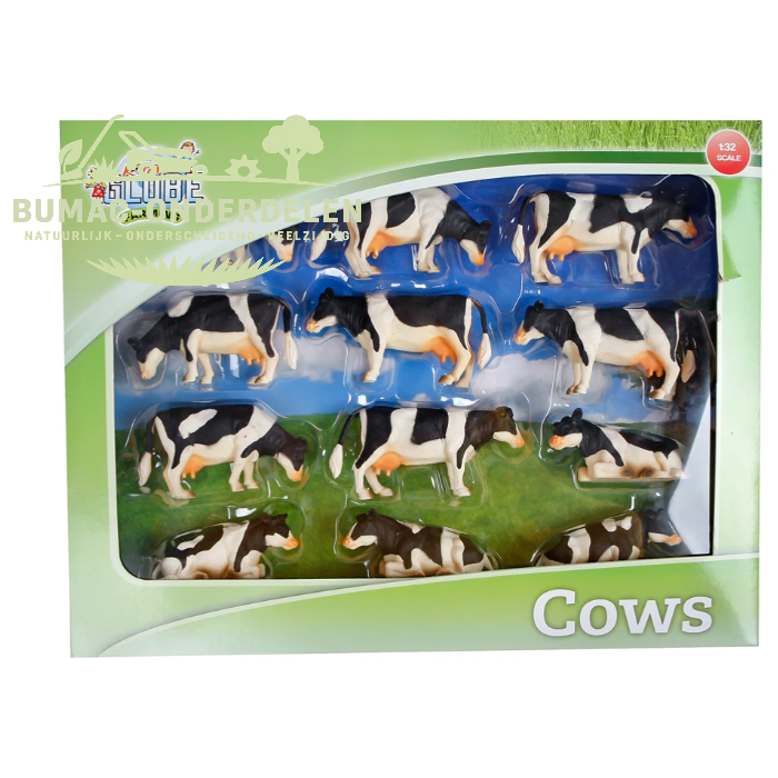 Kids Globe Koeien zwart/wit set 12 stuks liggend en staand schaal 1:32 voor speelgoed boerderij, stal en landbouwspeelgoed, realistisch onderdeel Kids Globe Farming