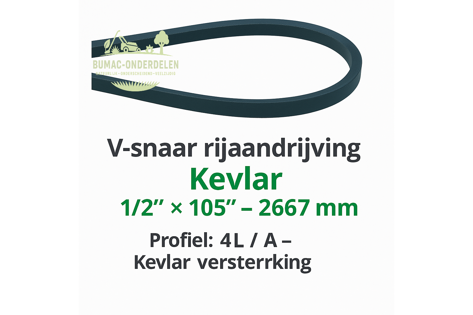 Kevlar V-snaar Rijaandrijving 1/2" × 105" (2667 mm) versterkt met Aramid, passend voor John Deere STX30, STX38 (geel & zwart maaidek), STX46, Sabre Europro 1546G, 1646H, Sabre 1500, 1546, 1600, 1646 en Honda H2013, H2013K1, H2113 zitmaaiers, onderdeel