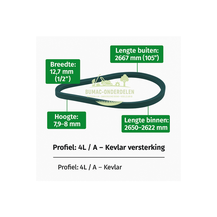 Kevlar V-snaar Rijaandrijving 1/2" × 105" (2667 mm) versterkt met Aramid, passend voor John Deere STX30, STX38 (geel & zwart maaidek), STX46, Sabre Europro 1546G, 1646H, Sabre 1500, 1546, 1600, 1646 en Honda H2013, H2013K1, H2113 zitmaaiers, onderdeel