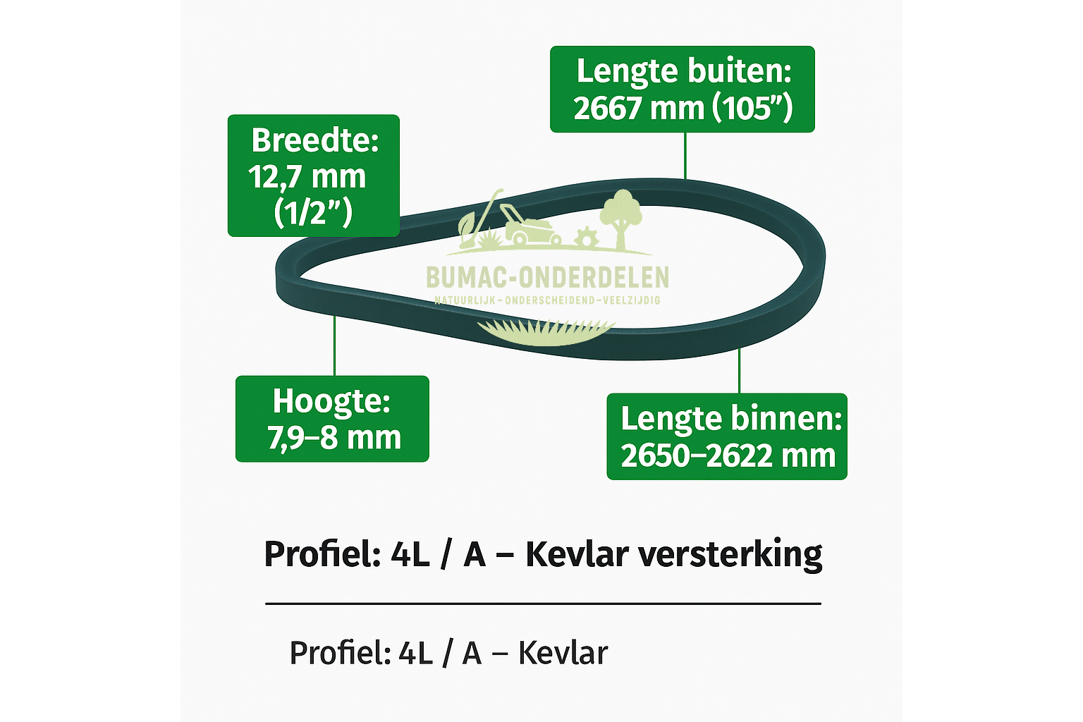 Kevlar V-snaar Rijaandrijving 1/2" × 105" (2667 mm) versterkt met Aramid, passend voor John Deere STX30, STX38 (geel & zwart maaidek), STX46, Sabre Europro 1546G, 1646H, Sabre 1500, 1546, 1600, 1646 en Honda H2013, H2013K1, H2113 zitmaaiers, onderdeel