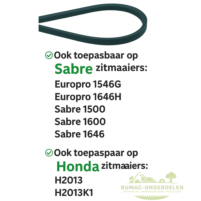 Kevlar V-snaar Rijaandrijving 1/2" × 105" (2667 mm) versterkt met Aramid, passend voor John Deere STX30, STX38 (geel & zwart maaidek), STX46, Sabre Europro 1546G, 1646H, Sabre 1500, 1546, 1600, 1646 en Honda H2013, H2013K1, H2113 zitmaaiers, onderdeel