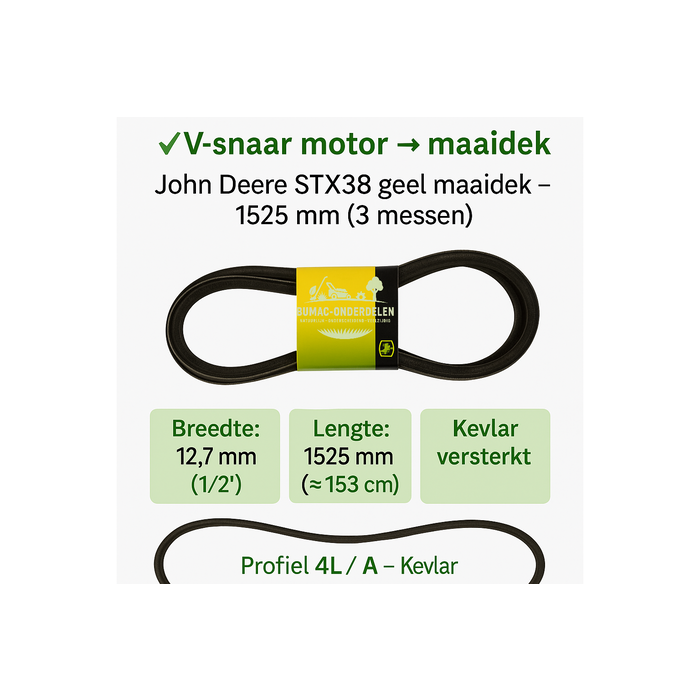 John Deere Kevlar V-snaar Motor naar Maaidek 1/2" × 1525 mm versterkt met Aramid, passend voor John Deere STX38 zitmaaiers met geel maaidek (3 messen, 30"/38"), ook geschikt voor Simplicity Baron SM1725557 en andere zitmaaiers, onderdeel