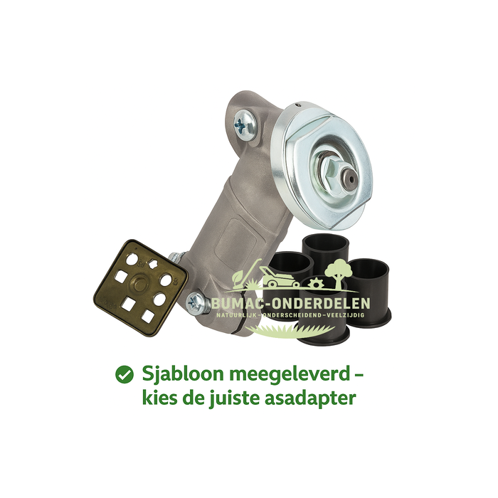 Universele haakse aandrijfkop bosmaaier onderdeel, compleet met buisadapters Ø28/24–27 mm en mesaansluiting Ø25,4 mm, geschikt voor bosmaaiers tot 45cc, toepasbaar op Stihl, Husqvarna, Dolmar, Makita, Echo, Shindaiwa, Kawasaki, Emak (Oleo-Mac, Efco), Maru