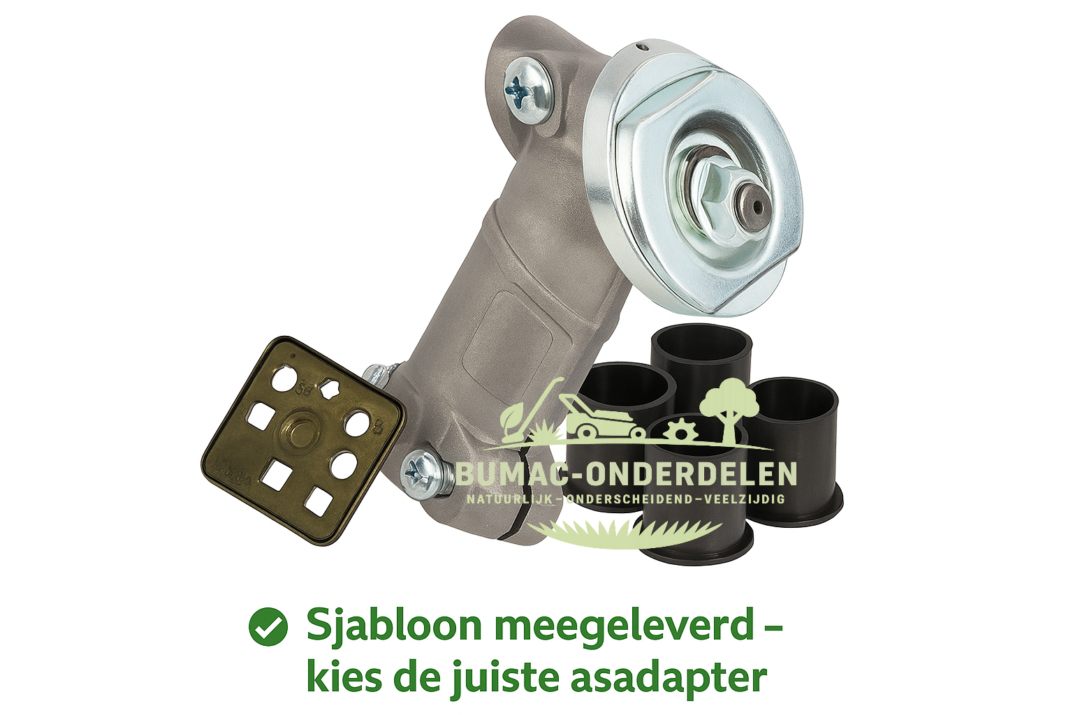 Universele haakse aandrijfkop bosmaaier onderdeel, compleet met buisadapters Ø28/24–27 mm en mesaansluiting Ø25,4 mm, geschikt voor bosmaaiers tot 45cc, toepasbaar op Stihl, Husqvarna, Dolmar, Makita, Echo, Shindaiwa, Kawasaki, Emak (Oleo-Mac, Efco), Maru