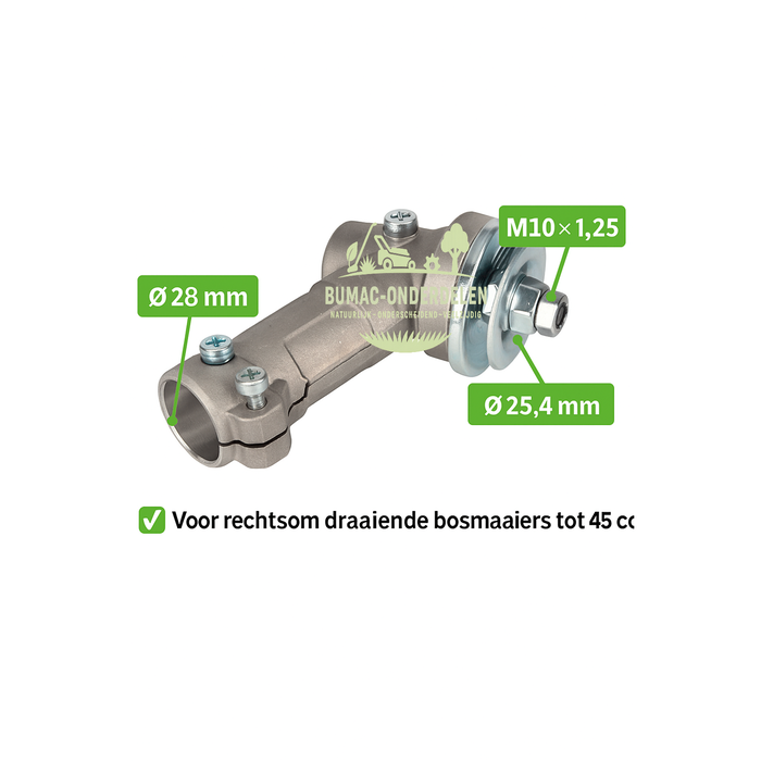 Universele haakse aandrijfkop bosmaaier onderdeel, compleet met buisadapters Ø28/24–27 mm en mesaansluiting Ø25,4 mm, geschikt voor bosmaaiers tot 45cc, toepasbaar op Stihl, Husqvarna, Dolmar, Makita, Echo, Shindaiwa, Kawasaki, Emak (Oleo-Mac, Efco), Maru