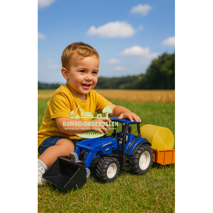 Bruder New Holland T5.120 speelgoedtractor schaal 1:16 met voorlader, laadbak, hooibaal en palletvorken, bestuurbare vooras, profielbanden en Bruder koppeling, speelgoed tractor, onderdeel