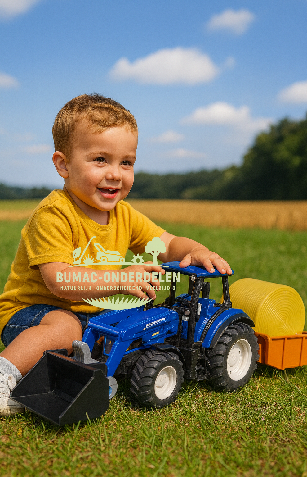 Bruder New Holland T5.120 speelgoedtractor schaal 1:16 met voorlader, laadbak, hooibaal en palletvorken, bestuurbare vooras, profielbanden en Bruder koppeling, speelgoed tractor, onderdeel