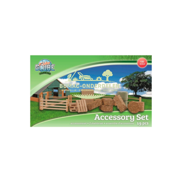 Kids Globe accessoire set 19-delig schaal 1:32, boerderij accessoires met hooibalen, hekjes en kleine onderdelen voor speelgoed tractoren, koeienstallen en boerderij speelsets, onderdeel