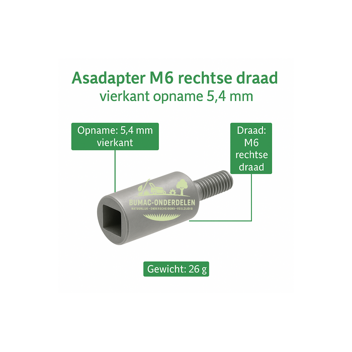 Universeel Asadapter M6 rechtse draad met vierkant opname 5,4 mm, passend op universele haakse aandrijfkop en adapters voor bosmaaiers en trimmers, onderdeel