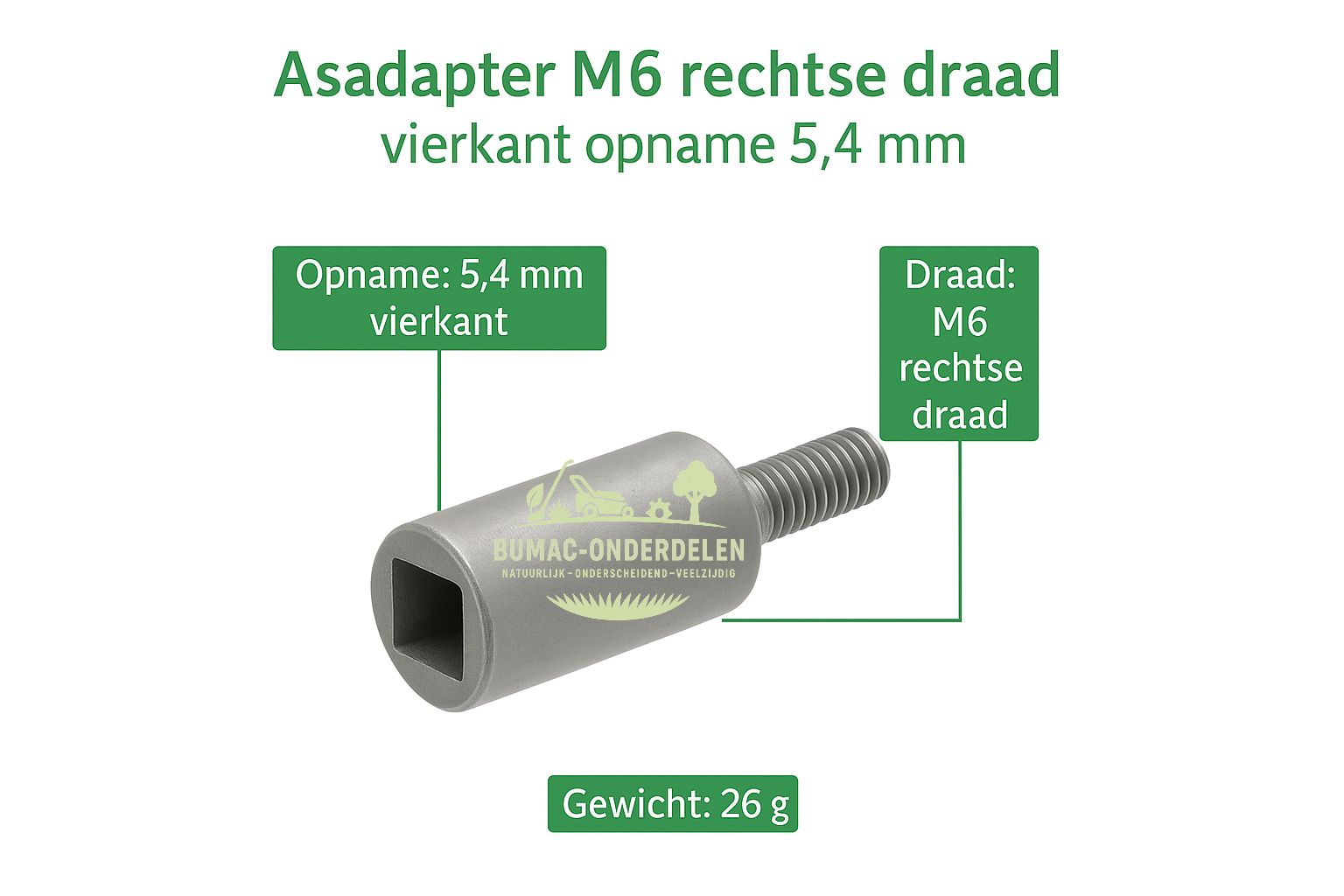 Universeel Asadapter M6 rechtse draad met vierkant opname 5,4 mm, passend op universele haakse aandrijfkop en adapters voor bosmaaiers en trimmers, onderdeel