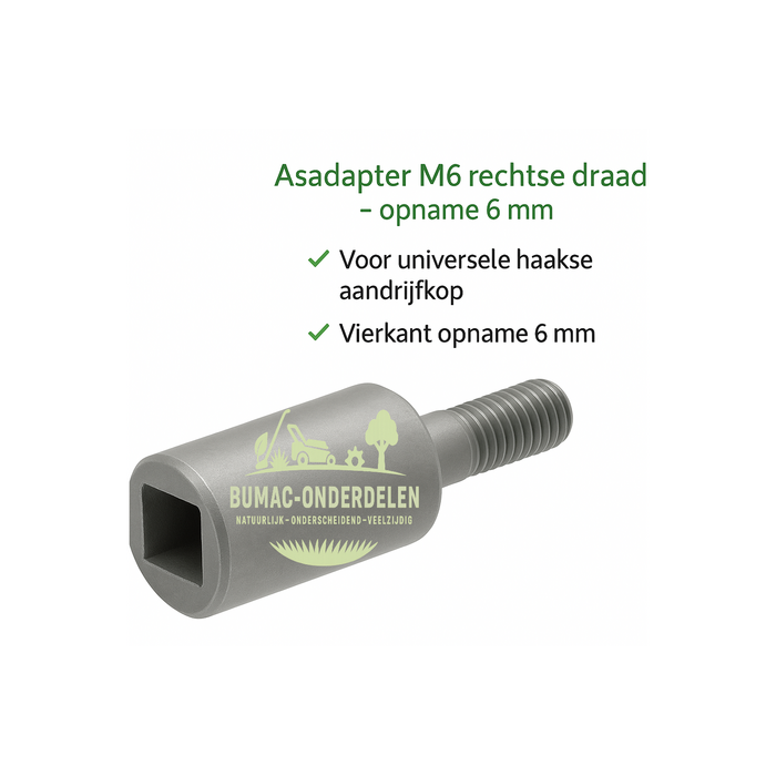 Universeel Asadapter M6 rechtse draad met vierkant opname 6 mm, passend op universele haakse aandrijfkop en adapters voor bosmaaiers en trimmers, onderdeel