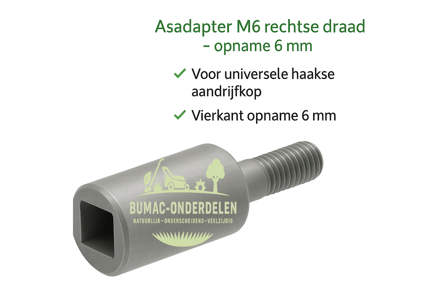 Universeel Asadapter M6 rechtse draad met vierkant opname 6 mm, passend op universele haakse aandrijfkop en adapters voor bosmaaiers en trimmers, onderdeel