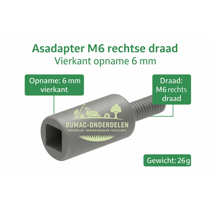 Universeel Asadapter M6 rechtse draad met vierkant opname 6 mm, passend op universele haakse aandrijfkop en adapters voor bosmaaiers en trimmers, onderdeel