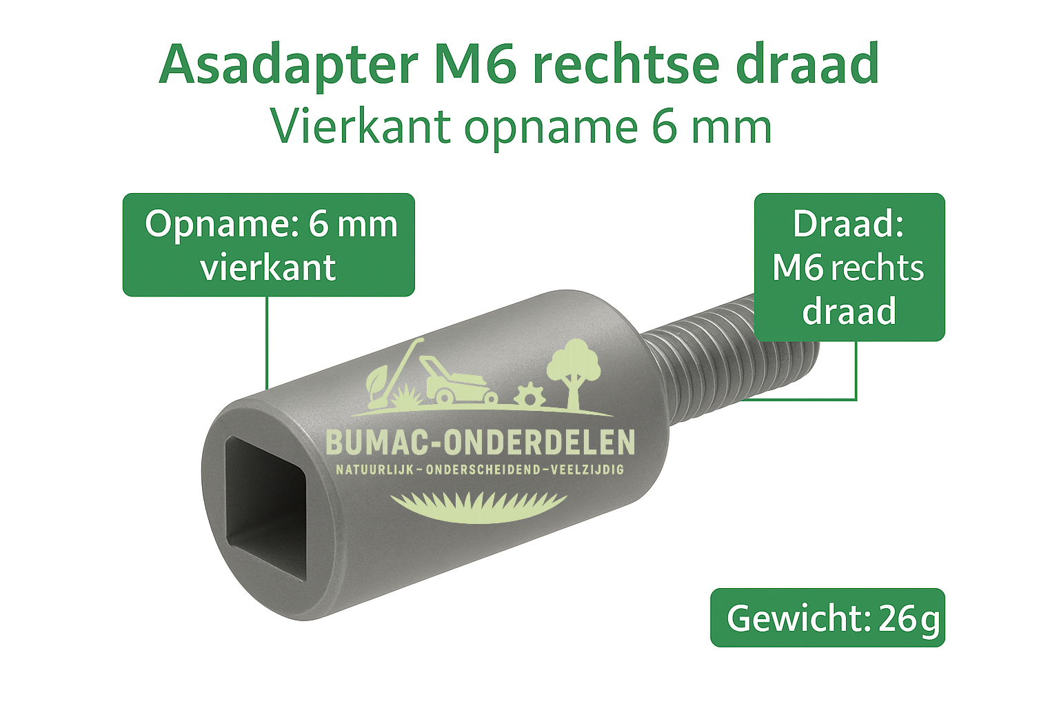 Universeel Asadapter M6 rechtse draad met vierkant opname 6 mm, passend op universele haakse aandrijfkop en adapters voor bosmaaiers en trimmers, onderdeel