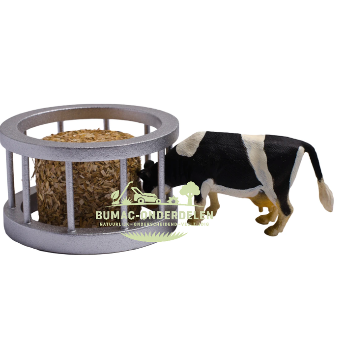 Kids Globe voederring met ronde baal en koe schaal 1:32, speelgoed voerhek met hooibaal en koe voor boerderij, weiland en stal speelsets, Kids Globe Farming onderdeel