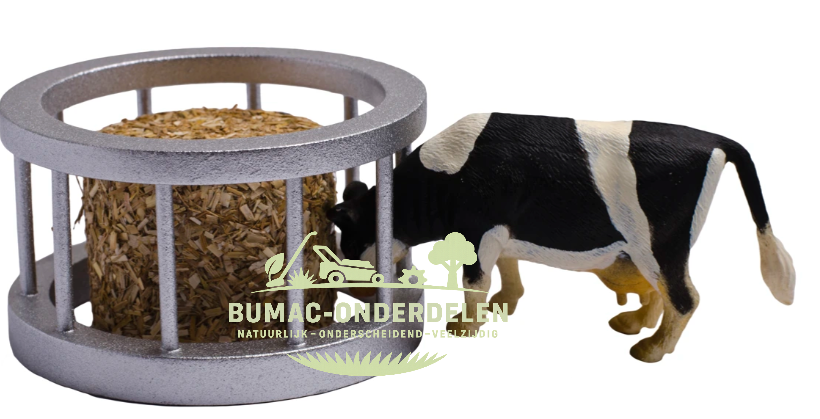 Kids Globe voederring met ronde baal en koe schaal 1:32, speelgoed voerhek met hooibaal en koe voor boerderij, weiland en stal speelsets, Kids Globe Farming onderdeel