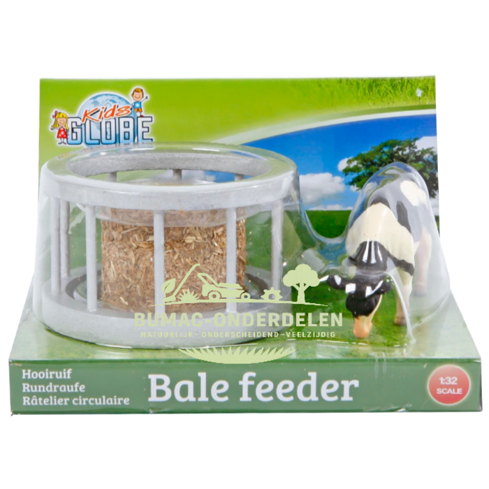 Kids Globe voederring met ronde baal en koe schaal 1:32, speelgoed voerhek met hooibaal en koe voor boerderij, weiland en stal speelsets, Kids Globe Farming onderdeel
