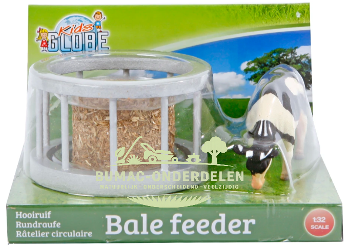 Kids Globe voederring met ronde baal en koe schaal 1:32, speelgoed voerhek met hooibaal en koe voor boerderij, weiland en stal speelsets, Kids Globe Farming onderdeel