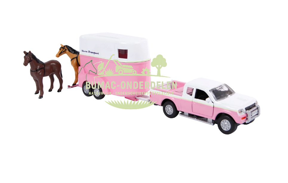 Kids Globe Mitsubishi terreinwagen met roze paardentrailer 27cm, metalen die cast speelgoedauto schaal 1:32, boerderij speelgoed voor paardenliefhebbers, onderdeel