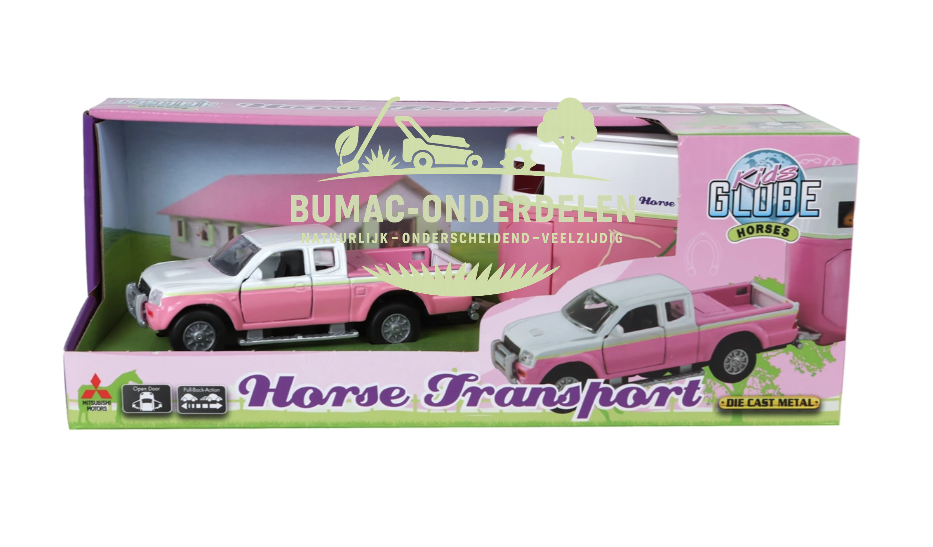 Kids Globe Mitsubishi terreinwagen met roze paardentrailer 27cm, metalen die cast speelgoedauto schaal 1:32, boerderij speelgoed voor paardenliefhebbers, onderdeel