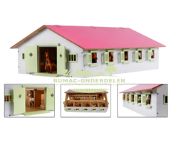 Kids Globe paardenstal met 9 boxen roze dak 1:32 houten speelgoed boerderij onderdeel