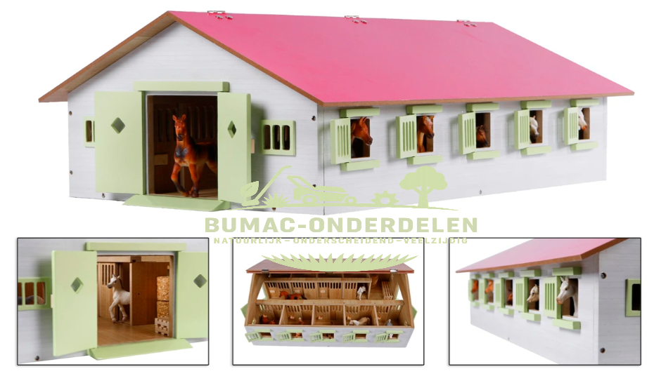 Kids Globe paardenstal met 9 boxen schaal 1:32, roze dak, houten boerderij speelgoedstal 62×42,5×22 cm – paardenboxen speelset onderdeel voor dieren en tractoren