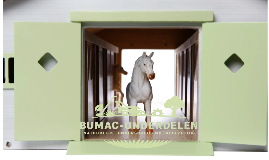 Kids Globe paardenstal met 9 boxen schaal 1:32, roze dak, houten boerderij speelgoedstal 62×42,5×22 cm – paardenboxen speelset onderdeel voor dieren en tractoren