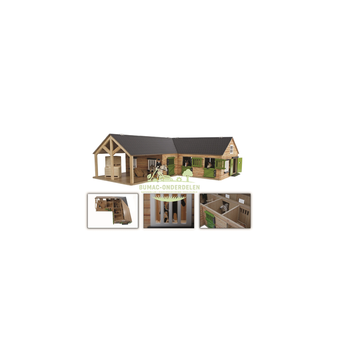Kids Globe paardenhoekstal met 4 boxen en berging schaal 1:24, speelgoed onderdeel voor boerderij speelset, paardenstal met berging passend bij Kids Globe Farming speelgoed