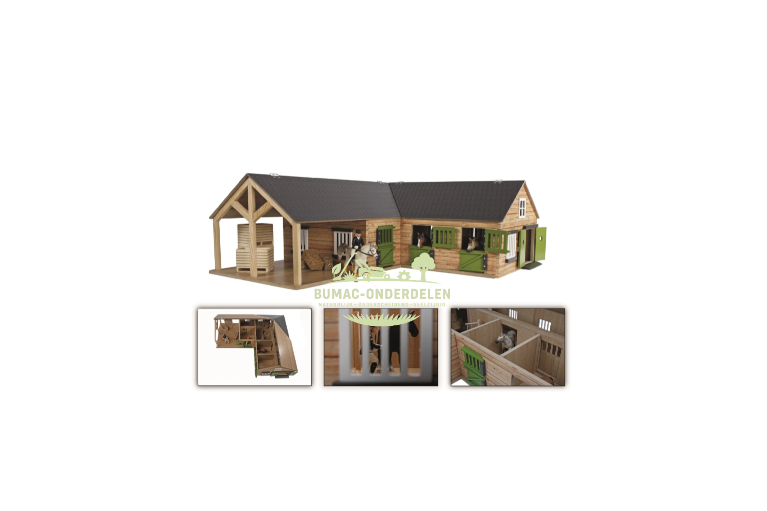 Kids Globe paardenhoekstal met 4 boxen en berging schaal 1:24, speelgoed onderdeel voor boerderij speelset, paardenstal met berging passend bij Kids Globe Farming speelgoed