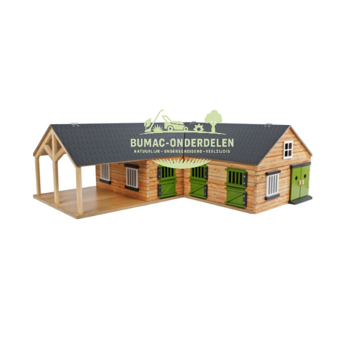 Kids Globe paardenhoekstal met 4 boxen en berging schaal 1:24, speelgoed onderdeel voor boerderij speelset, paardenstal met berging passend bij Kids Globe Farming speelgoed