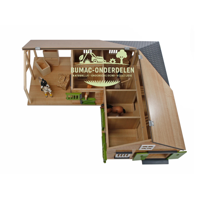 Kids Globe paardenhoekstal met 4 boxen en berging schaal 1:24, speelgoed onderdeel voor boerderij speelset, paardenstal met berging passend bij Kids Globe Farming speelgoed