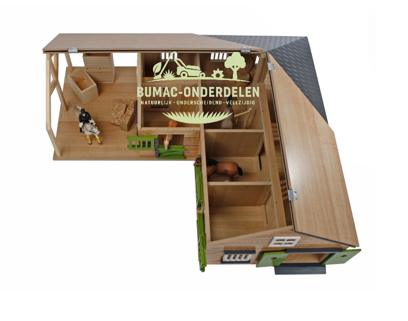 Kids Globe paardenhoekstal met 4 boxen en berging schaal 1:24, speelgoed onderdeel voor boerderij speelset, paardenstal met berging passend bij Kids Globe Farming speelgoed