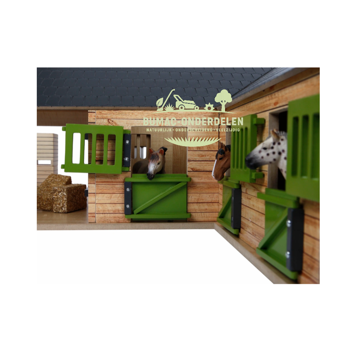 Kids Globe paardenhoekstal met 4 boxen en berging schaal 1:24, speelgoed onderdeel voor boerderij speelset, paardenstal met berging passend bij Kids Globe Farming speelgoed