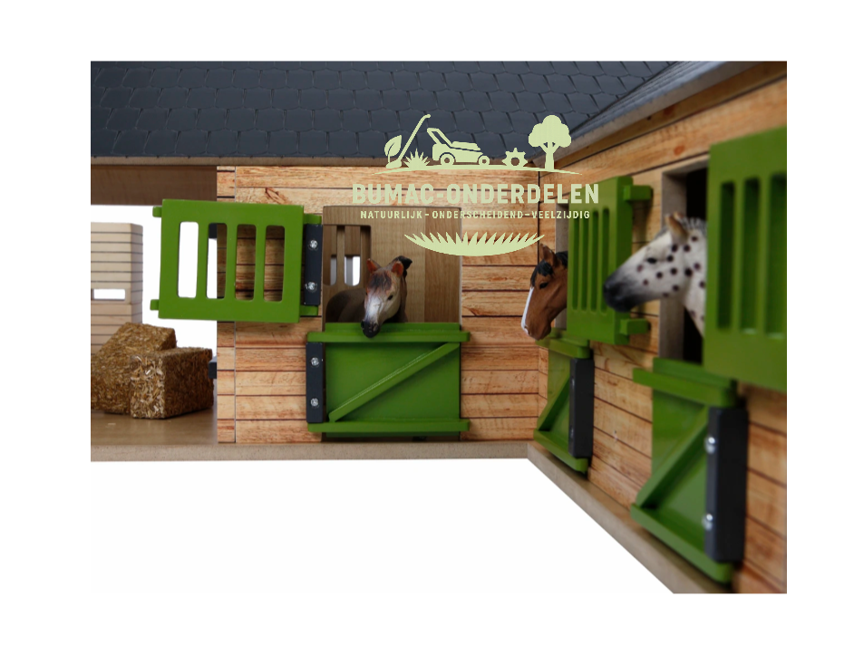 Kids Globe paardenhoekstal met 4 boxen en berging schaal 1:24, speelgoed onderdeel voor boerderij speelset, paardenstal met berging passend bij Kids Globe Farming speelgoed