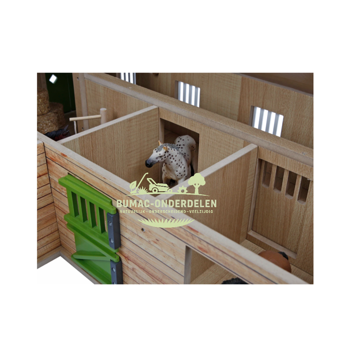 Kids Globe paardenhoekstal met 4 boxen en berging schaal 1:24, speelgoed onderdeel voor boerderij speelset, paardenstal met berging passend bij Kids Globe Farming speelgoed